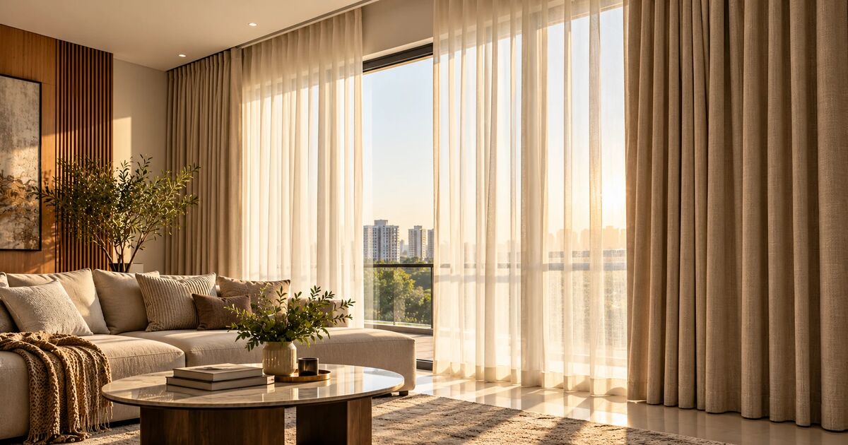 Floor-length sheer and linen custom curtains layered on a ceiling-mounted track in an Ahmedabad living room