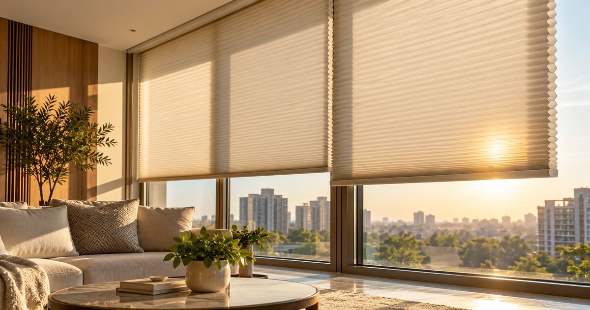Honeycomb blinds filtering afternoon sun in an Ahmedabad apartment living room with a city view